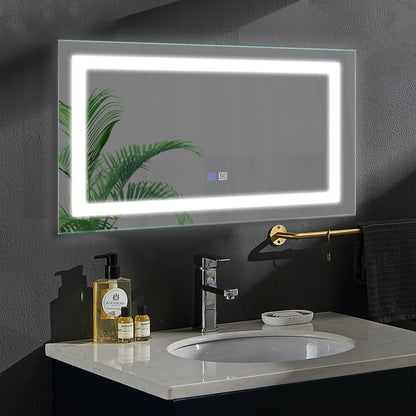 Espejo de tocador de baño LED sin marco, rectangular, blanco: pequeño, regulable, antivaho