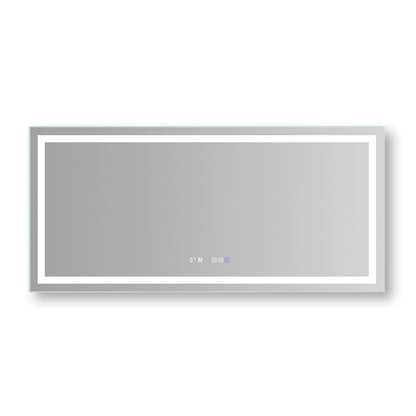 Elegante espejo de tocador de baño de pared regulable LED sin marco plateado con reloj