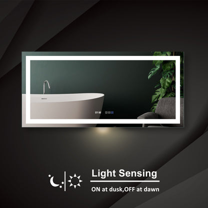 Elegante espejo de tocador de baño de pared regulable LED sin marco plateado con reloj