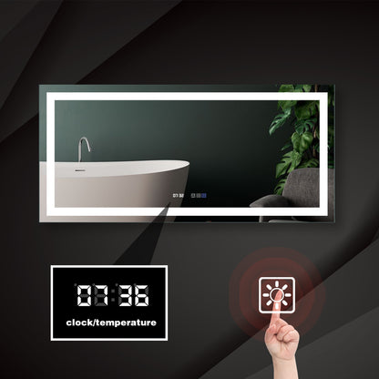 Elegante espejo de tocador de baño de pared regulable LED sin marco plateado con reloj